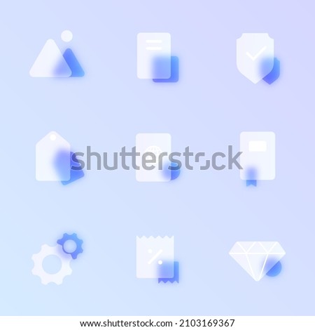 glass morphism trendy style icon set. transparent glass color vector icons with blur and purple gradient. for web and ui design, mobile apps and promo business polygraphy