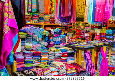BANGKOK, THAILAND - CIRCA JULY 2015: Clothes for sale at Chatuchak weekend market. It is one of the largest market in Asia.