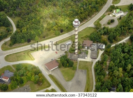 aerial shot of Skydeck observation tower in the 1000 island region, Ontario