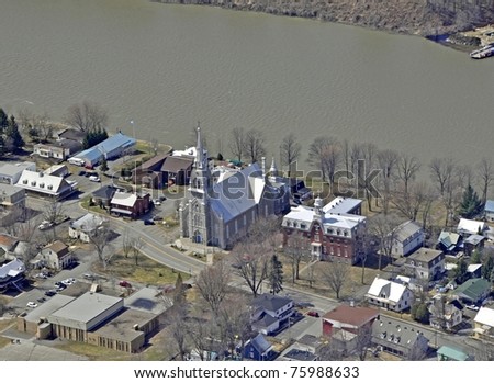 aerial view of Saint Ours small town along the Richelieu River, Quebec Canada