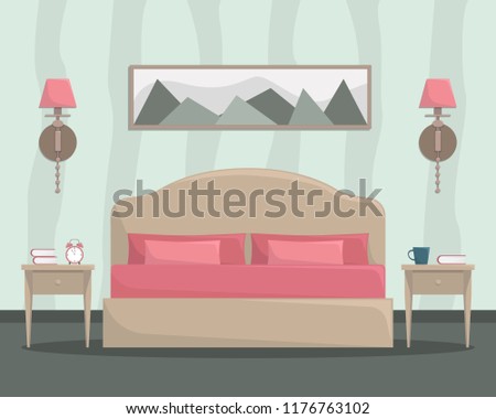 Vector flat illustration of bedroom interior with bed and bedside tables in blue and pink colors.