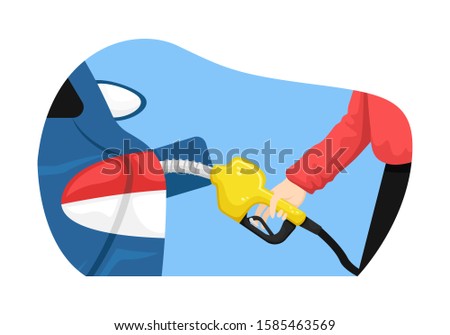 Vector isolated illustration with a man filling a car with gasoline at a gas station.
