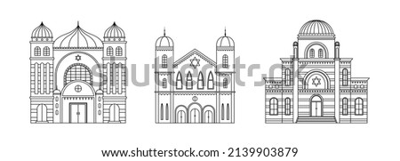 Vector set of synagogue illustrations. Religious architectural building. Outline