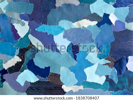 collage mood board with blue colors . The sheet is made of teared old paper of magazines and printed matter Сток-фото © 