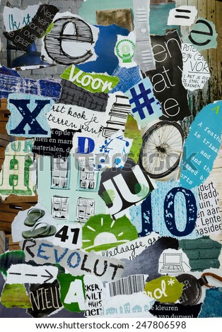 Mood board of pieces of magazines in blue green colors