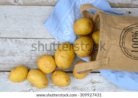 Organic fresh uncooked potatoes in a jute bag on a old weathered wooden white shelves background with vintage blue kitchen tea towel with copy space