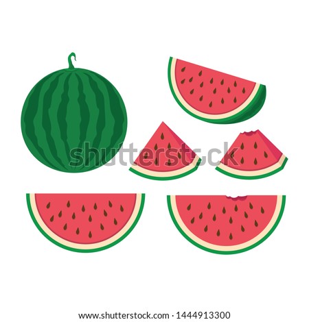 Vector slice watermelon. Vector set of whole and slices watermelon fruit isolated. Whole and cut in half watermelon