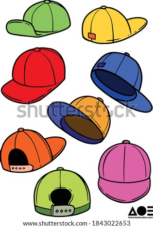 Collection of Hand Drawn Baseball Hats & Caps Vector Illustrations Front Back Side View
