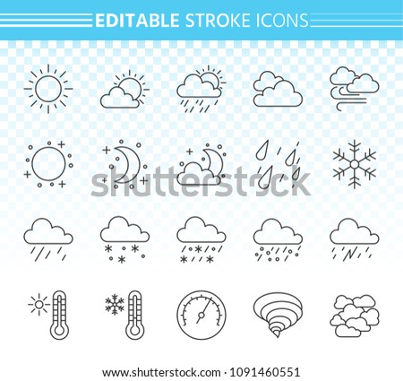 Weather thin line icons set. Outline web sign kit of meteorology. Climate linear icon collection includes sun, rain, storm. Editable stroke without fill. Weather simple vector symbol