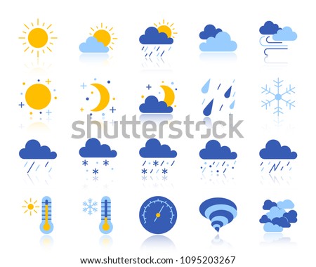 Weather flat icons set. Web vector sign kit of meteorology. Climate pictogram collection includes cloud, snow, rain. Simple weather colorful icon symbol with reflection isolated on white