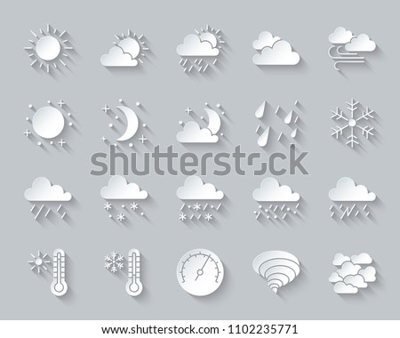 Weather paper cut art icons set. Web sign kit of meteorology. Climate pictogram collection includes barometer, cloud, drizzle. Simple weather vector carved icon shape. Material design symbol