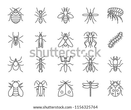 Danger insect thin line icons set. Outline sign kit of bugs. Beetle linear icon collection of dragonfly, fly, spider. Simple danger insect black contour symbol isolated on white. Vector Illustration