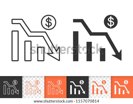 Graph down black linear and silhouette icons. Thin line sign of bankrupt. Arrow below outline pictogram isolated on white transparent background. Vector Icon shape. Graph Down simple symbol closeup