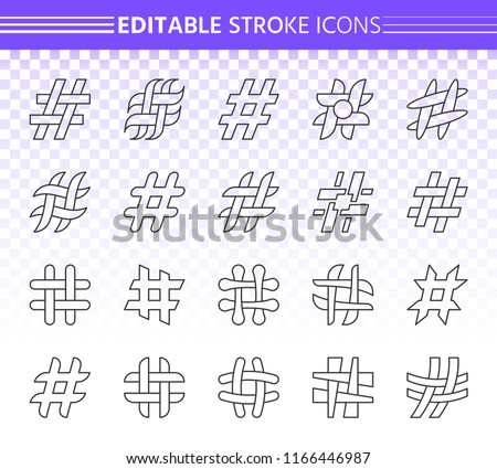 Hashtag thin line icons set. Outline web sign kit of social media. Hash Tag linear icon collection post blog, post blog, square bubble Editable stroke without fill Hashtag simple contour vector symbol