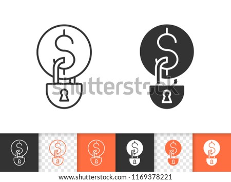 Money Locked black linear and silhouette icons. Thin line sign of coin padlock. Finance Blocked outline pictogram isolated on white, transparent. Vector Icon shape. Money Locked simple symbol closeup