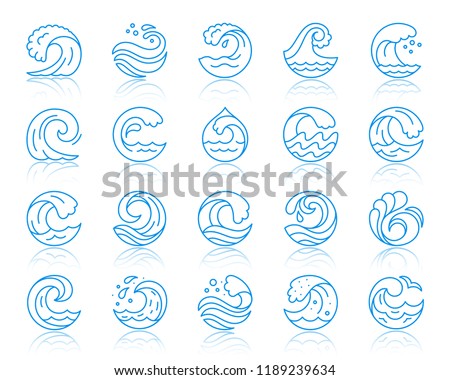 Wave thin line icons set. Outline vector monochrome web sign sea kit. Splash linear icon collection seaside ornate, cool wind, surface ripple Simple wave color contour symbol reflection isolated white