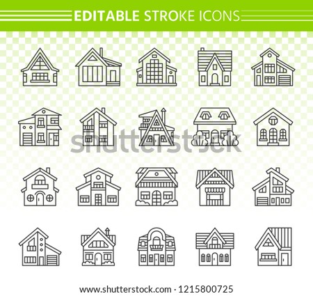 House thin line icons set. Outline web sign of home exterior. Township linear icon kit building garage, villa, hotel, facade. Editable stroke without fill. Cottage village simple contour vector symbol