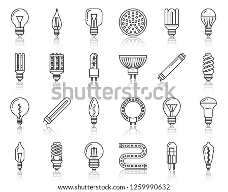 Light Bulb thin line icon set. Outline web sign kit of glass lamp. Fluorescent Lightbulb linear icons of electric equipment, efficient energy, led. Glow imple black contour symbol. Vector Illustration