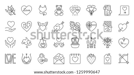 Valentines Day thin line icon set. Outline sign kit of love. Couple Hearts linear icons of cupid bow, diamond ring, candy chocolate. Simple february 14 black symbol on white. Vector Illustration