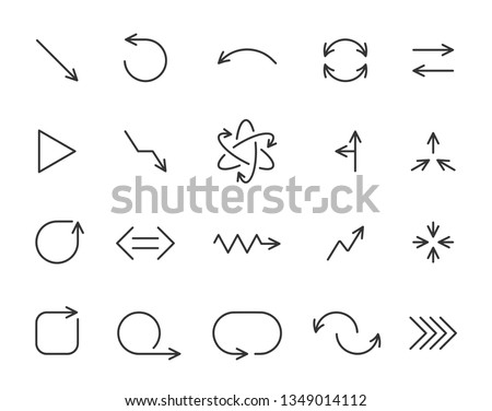 Arrow thin line icon set. Outline sign kit of pointer. Linear curved arrows collection includes undo, redo, previous, next, reload. Simple signpost black symbol isolated on white. Vector Illustration