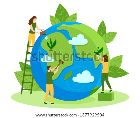 People take care about planet ecology. Cleaning, green planting and watering. Protect Nature And Ecology banner. Happy Earth Day modern graphic design poster. People color creative vector illustration Foto stock © 