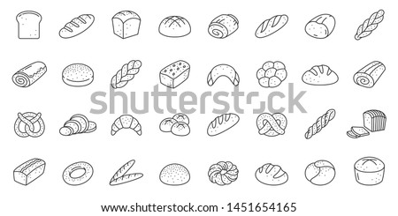 Bread thin line icon set. Bakery collection of simple outline signs. Fresh baking symbol in linear style. Toast, baguette, bun contour flat icons design. Isolated on white concept vector Illustration Stock foto © 