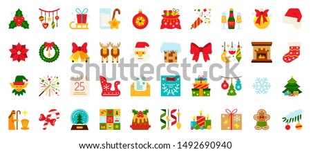 Christmas and New year flat icons set. Winter symbol in cartoon style. Holiday simple sign. Xmas pictogram collection. Color vector illustration isolated on white. Design icon for card, print, logo