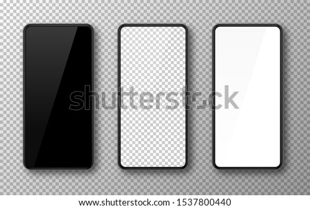 Realistic smartphone mockup set. Mobile phone blank, white, transparent screen design. Modern digital device template. Cellphone display front view mock up. Black frame. Isolated vector illustration Сток-фото © 