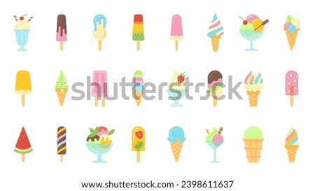 Ice cream flat icons set. Cartoon web sign kit of icecream. Waffle cones sundae colorful icon. Summer sweet cold fruit food lolly dessert. Popsicle with various flavours colourful chocolate glazing