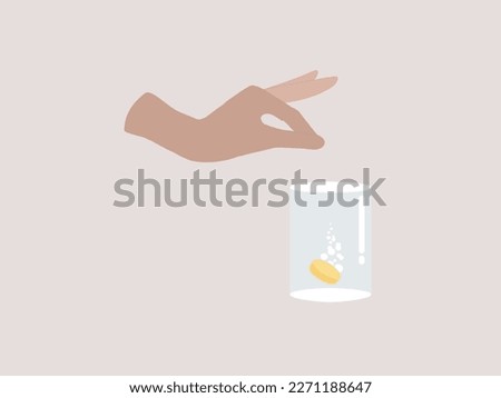 Soluble tablets in liquid with bubbles. Vector template for advertising aspirin, vitamin with other medical soluble drugs, dissolving process.