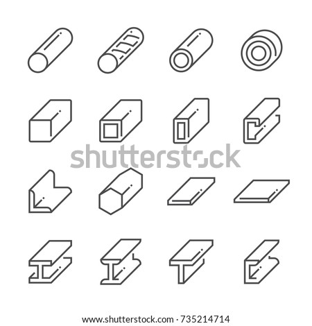 Steel or metal of pipe, beam, bar, girder structure vector line icon.
Also iron, stainless. Product of metallurgy industry with square, round, flat profile. Include roll, rebar, rod for construction.