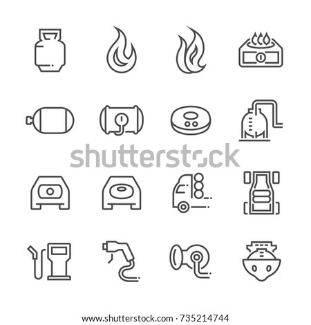 Gas tank or gas cylinder for natural gas vector line icon e.g. lpg, lng, cng, ngv to storage by compressed to liquefied form. Include flame, stove, car, truck and tanker. Transport vehicle and cooking