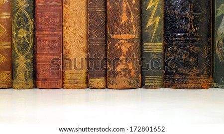 closeup of old books from an antiquarian bookshop