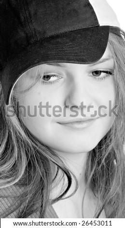 A young girl in cap. Shallow DOF.