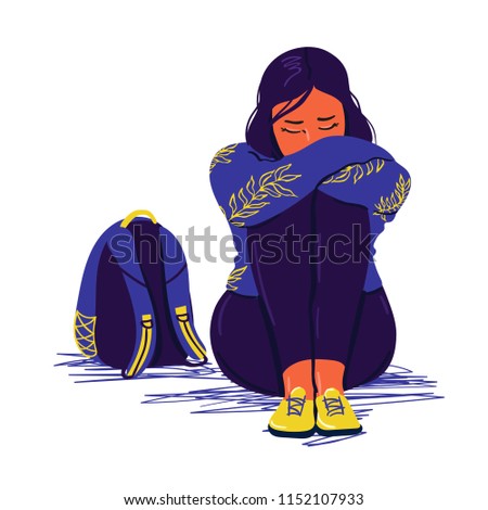 Depressed sad girl sitting on the floor. Depressed teenager. Unhappy sad woman and stressed student. Creative vector illustration.