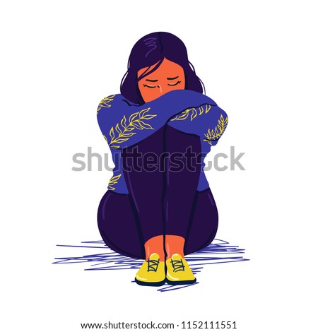 Depressed teenager. Depressed sad girl sitting on the floor.  Unhappy sad woman. Creative vector illustration isolated on white.