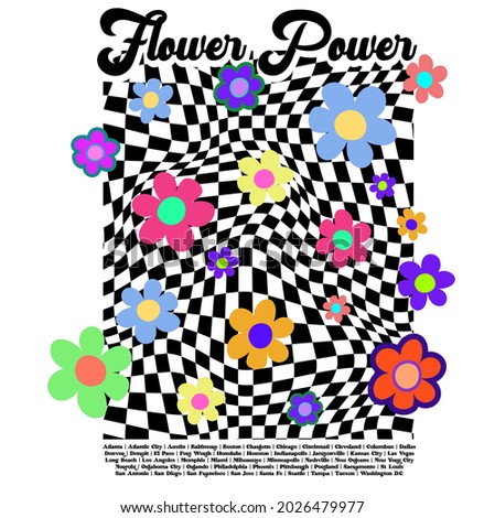 70s groovy retro slogan print with hippie typography, flowers and checkered background for tee t shirt or poster - Vector