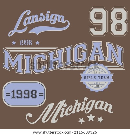 Michigan Varsity fashion slogan print. College slogan typography print design. Vector t-shirt graphic or other uses.