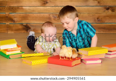 elder and younger little boys with colored books and alive chickens on floor on brown wooden wall background