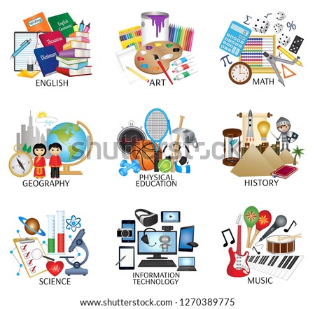 School subject icons - English, Art, Math, Geography, Physical Education, History, Science, Information Technology and Music Foto stock © 