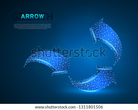 Arrow making growth curve. Three arrow goes down and up wireframe digital 3d illustration. Low poly abstract success concept with lines, dots on blue background. Vector neon polygonal RGB color