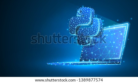 Python coding language sign on notebook screen. Device, programming, developing concept. Abstract, digital, wireframe, low poly mesh, vector blue neon 3d illustration. Triangle, line, dot, star