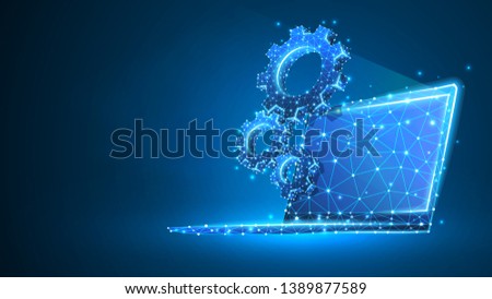 Gears on white laptop screen. Industry, business solution, technology, settings concept. Abstract, digital, wireframe, low poly mesh, vector blue neon 3d illustration. Triangle, line, dot, star