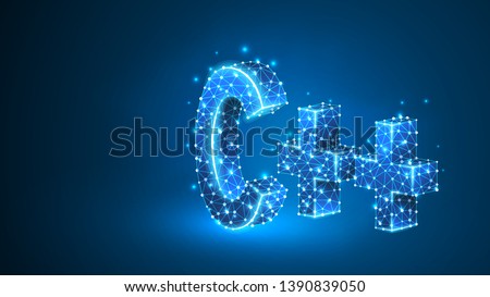C plus coding language sign. Device, programming, developing concept. Abstract, digital, wireframe, low poly mesh, vector blue neon 3d illustration. Triangle, line, dot, star