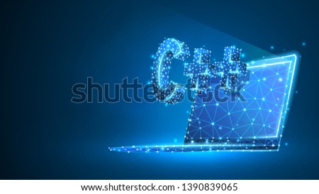 C plus coding language on notebook screen. Device, programming, developing concept. Abstract, digital, wireframe, low poly mesh, vector blue neon 3d illustration. Triangle, line, dot, star