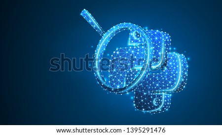 Magnifying glass Analysis of Python coding language. Research, programming, developing concept. Abstract, digital, wireframe, low poly mesh, vector blue neon 3d illustration. Triangle, line, dot, star