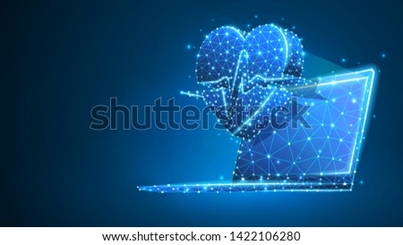 Laptop with Heart pulse line on notebook screen. Polygonal Internet treatment, computer care concept. Abstract, digital, wireframe low poly mesh vector blue neon 3d illustration. Triangle line dot