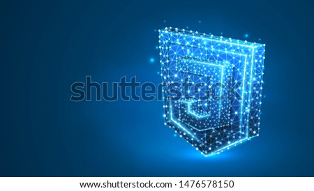 Java Script coding language, js sign. Device, programming, developing concept. Abstract, digital, wireframe, low poly mesh, vector blue neon 3d illustration Triangle, line dot