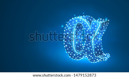 Alpha, the first letter of a Greek alphabet. Greek numerals, mathematical number one concept. Abstract, digital, wireframe, low poly mesh, vector blue neon 3d illustration. Triangle, line dot