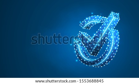 A checkmark in the circle box. Success, business agreement, ok sign, approval concept. Abstract digital wireframe, low poly mesh, polygonal vector blue neon 3d illustration. Line, dot